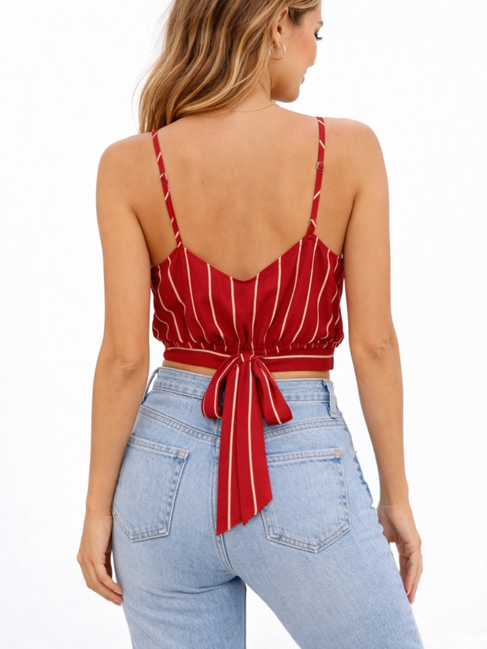 Red & White Striped Tie Back Crop Top Adjustable Straps - Picture 3 of 5